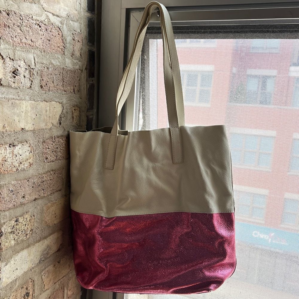Anthropologie Leather Tote | Pink Glitter and White | Removable Glitter Pouch